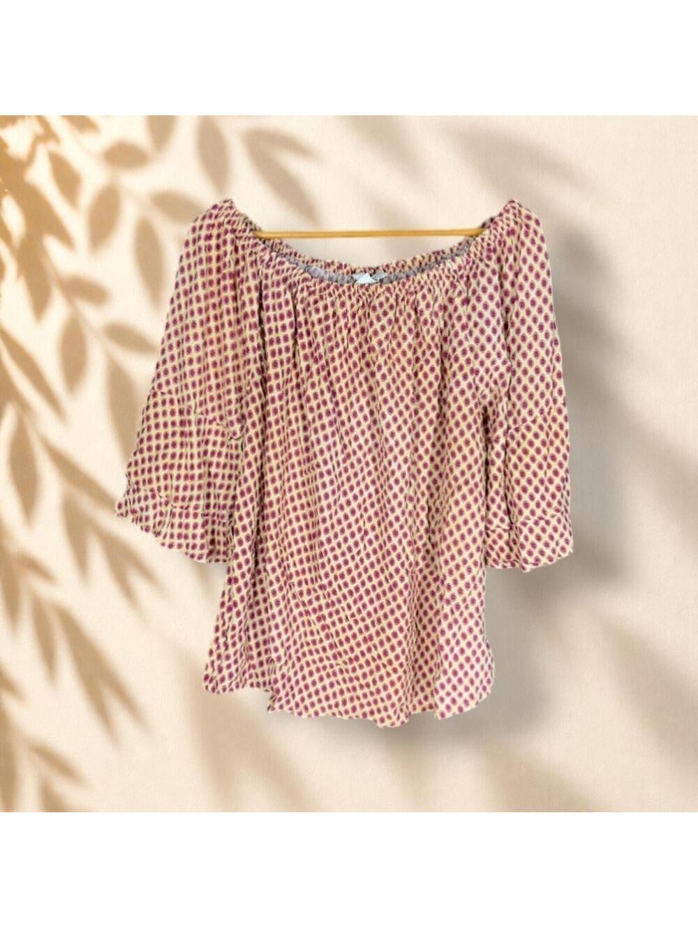 Venus Blouse Women L Large Beige Polka Dot 3/4 Sleeve Round Neck Casual Pullover